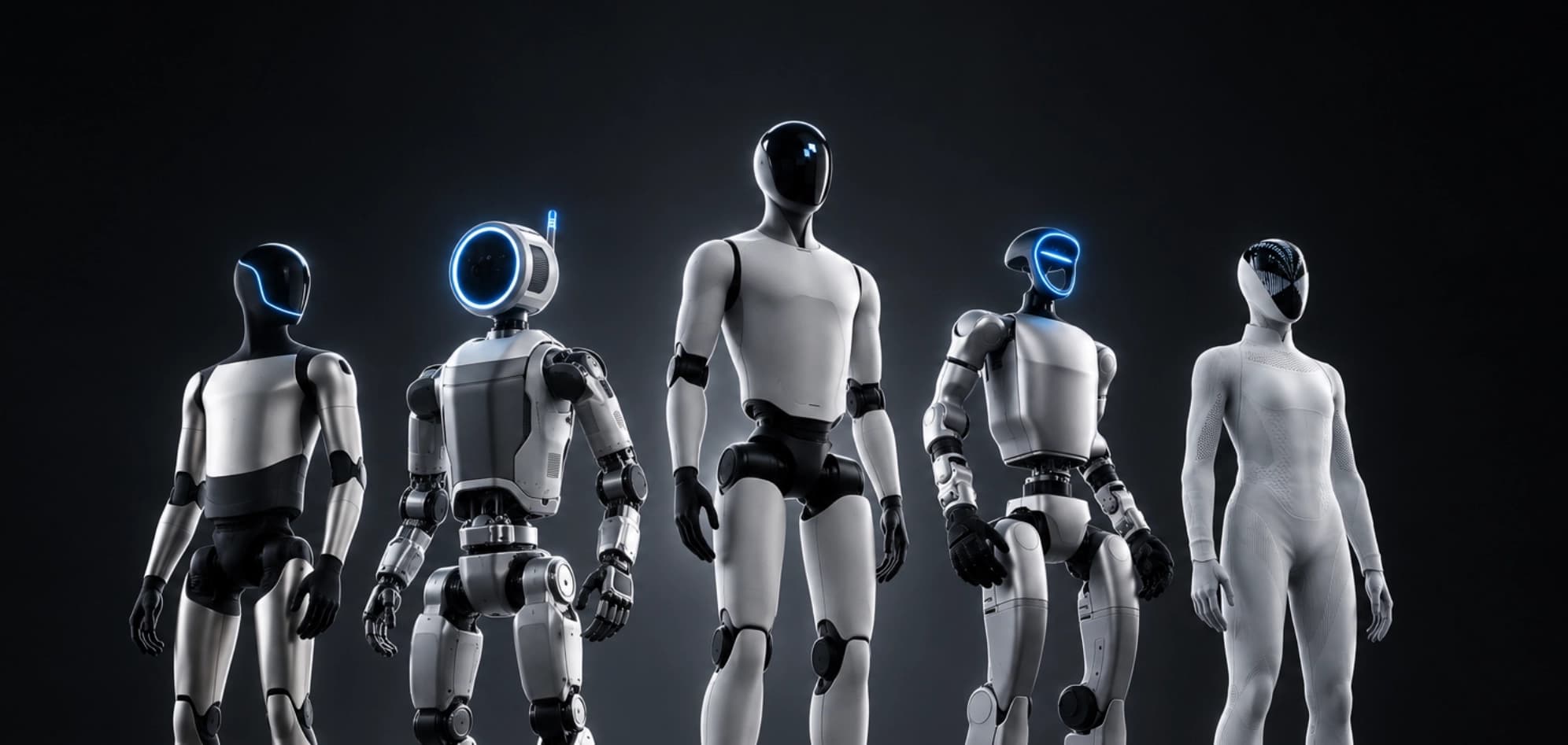 Nhiều mẫu robot hình người đứng cạnh nhau trên nền tối