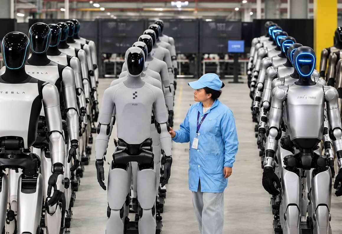 Robot hình người làm việc trong nhà máy